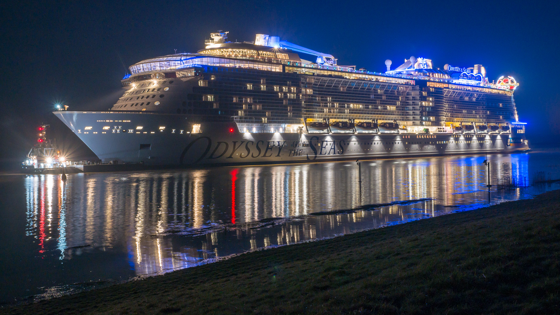Royal Caribbean's Odyssey of the Seas lit up at night